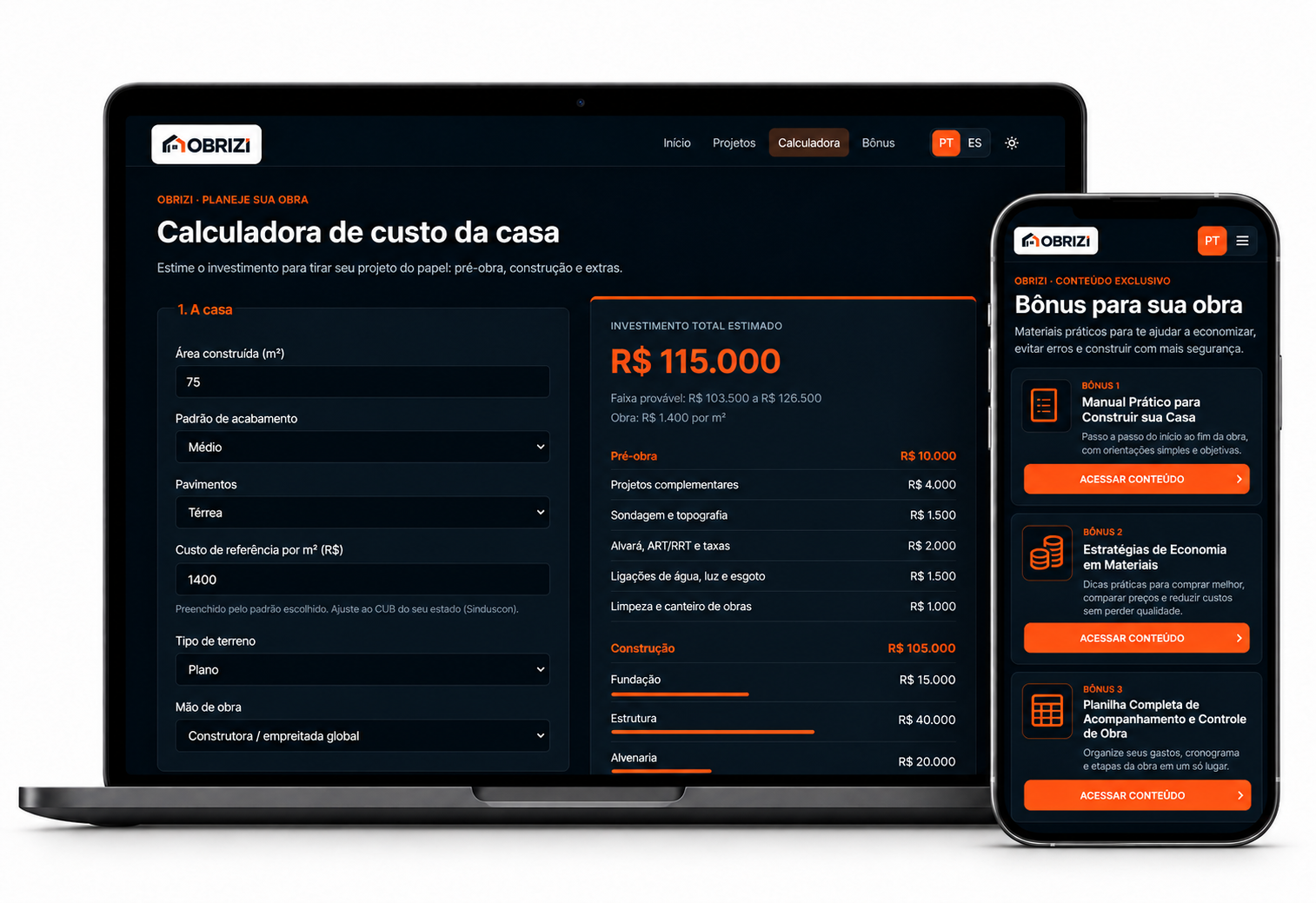 Calcule sua obra: Obrizi no computador e no celular