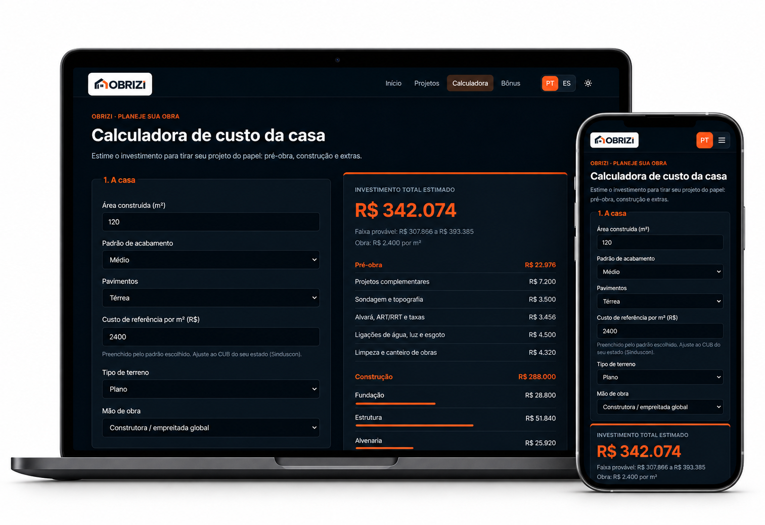 Calcule sua obra: Obrizi no computador e no celular